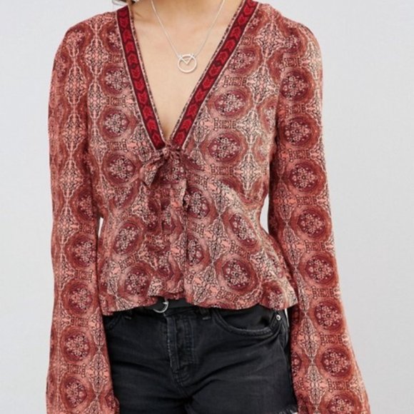Bell Sleeve Time Of Your Life Boho Tie Front Top - Picture 1 of 8